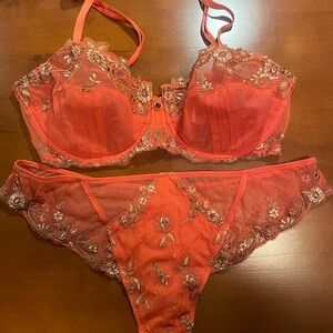 Embroidered Lace Lingerie Set in Coral